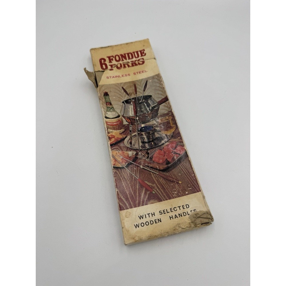 Stainless Steel Vintage Colored End Fondue Forks Wood Handle Original Box Set(6)